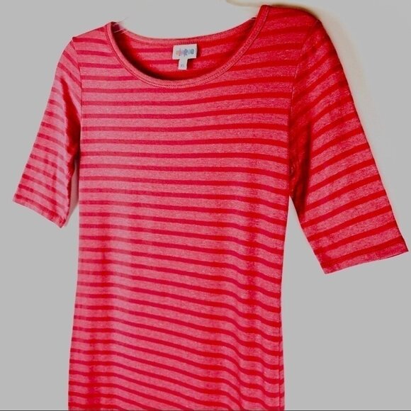 LuLaRoe Striped Dress Red Pink Julia Fitted Midi Short Sleeve Size XS - Picture 2 of 6
